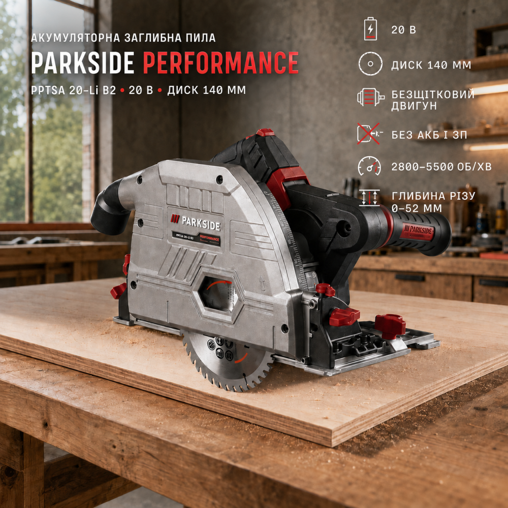 Аккумуляторная погружная пила Parkside Performance PPTSA 20-Li B2 20 В, диск 140 мм, без АКБ и зарядного устройства Киев - изображение 10