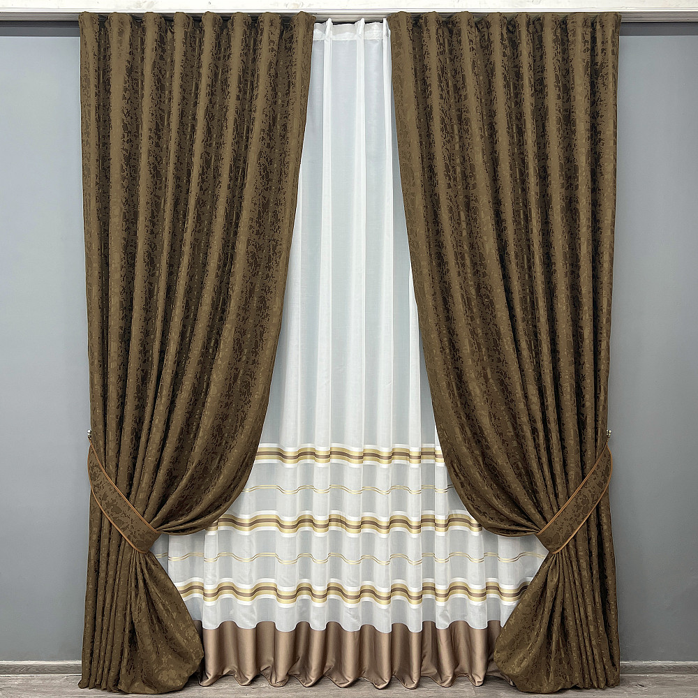 Комплект штор VR-Textil Лен Мрамор 150х270 2шт и Тюль 500х270 1261ш-1579т Коричневый с молочным 71-161/4 Киев - изображение 1