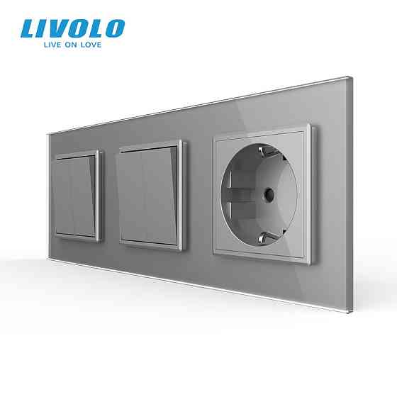 LIVOLO Чотирьохклавішний вимикач (2-2) з розеткою Livolo сірий скло (VL-C7K2/K2/FCTC16A-6IP) Коломия