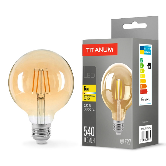 Лампа G95 6W E27 2200К 220V Filament A LED Titanum Житомир