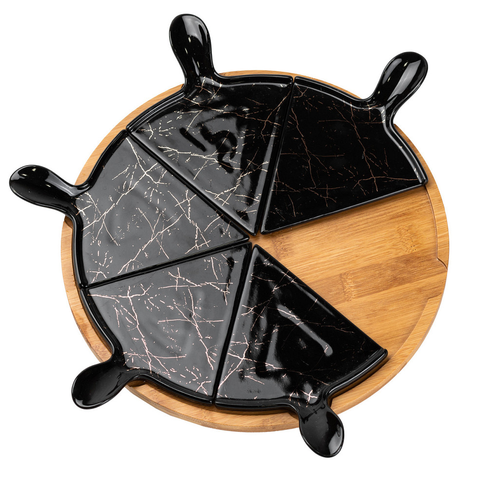 Yiwu Тарілка для піци 28 см порцелянова з бамбуковою підставкою, що обертається, секційна чорна Киев - изображение 4