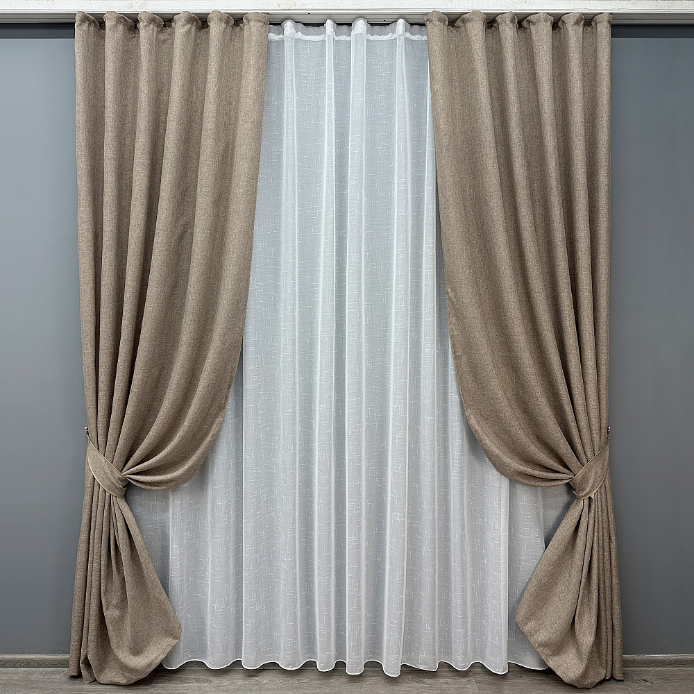 Комплект штор VR-Textil Лен Мешковина 100х270 2шт и Тюль 400х270 113ш-115т Светло-кофейный с белым 71-053/2 Киев - изображение 1