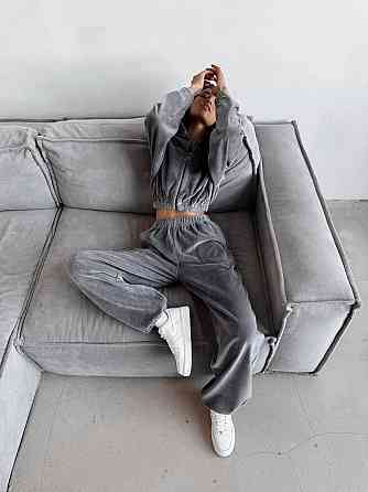 Женский стильный прогулочный костюм тройка турецкий велюр спорт Графит, 46/48 Одесса