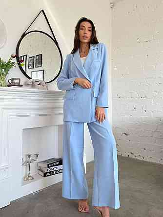 Женский классический брючный костюм двойка: пиджак и брюки креп-костюмка Голубой, 42/44 Одесса