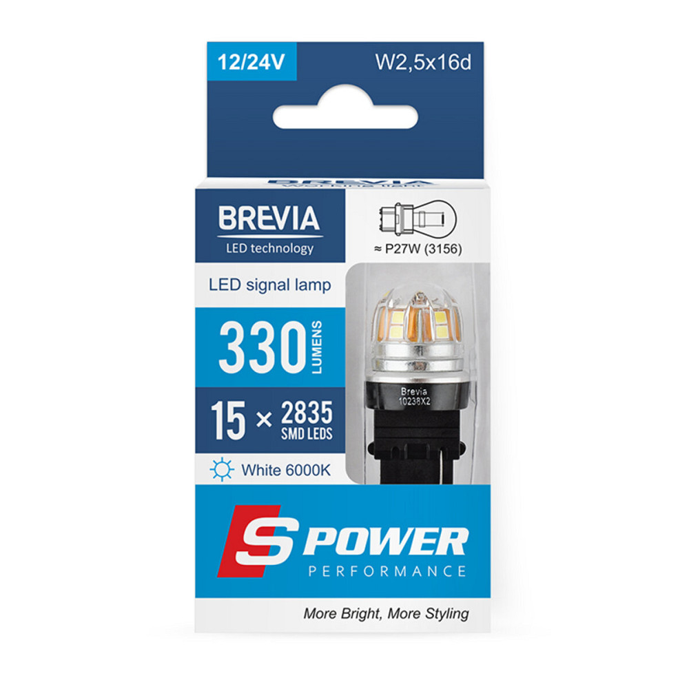 LED автолампа Brevia S-Power P27W (3156) 330Lm 15x2835SMD 12/24V CANbus, 2шт Київ - фото 1