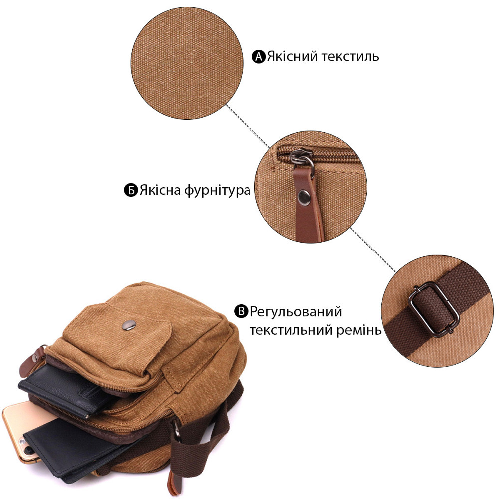 Практичная небольшая мужская сумка из плотного текстиля Vintage 22220 Коричневый Киев - изображение 8