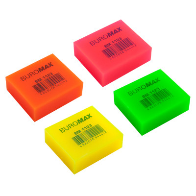 Ластик Buromax NEON, прямоугольная 40x35x14 мм, мягкий пластик, ассорти цветов (BM.1123) Винница - изображение 1