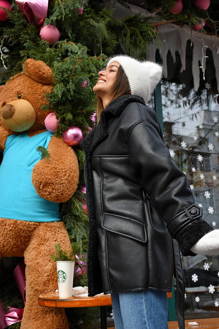 Женская стильная двубортная дубленка под пояс Черный 2, 42/44 Одесса - изображение 3