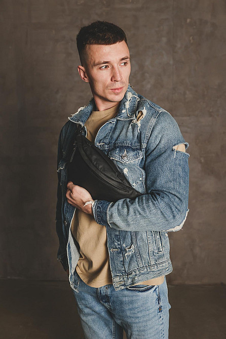 Сумка на пояс чоловіча, бананка із натуральної шкіри SKILL Dark (Чорна) Суми - фото 3