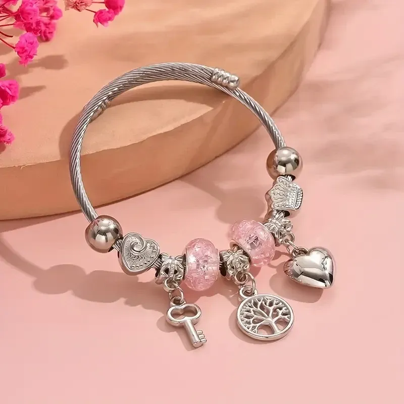 Браслет с розовыми бусинами и шармами — дерево жизни, сердце и ключ Киев - изображение 7