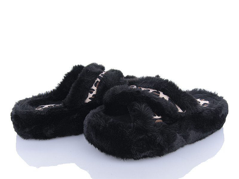 Тапки женские открытые домашние с меховые накрест с принтом леопарда черные Одесса - изображение 3
