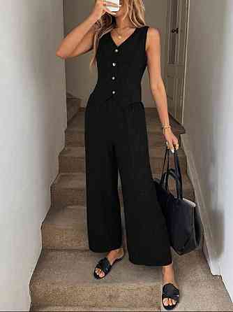 Жіночий базовий брючний костюм-двійка: жилет і штани льон бохо Чорний, 44/46 Одеса