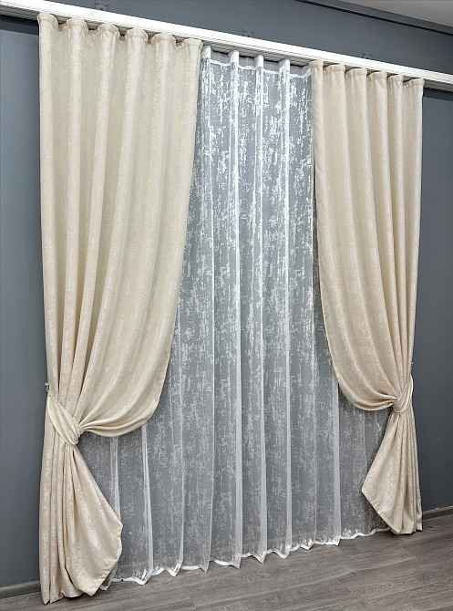 Комплект штор VR-Textil Жакард Мармур 150х270 2шт і Тюль 500х270 1763ш-1400т Молочний з білим 71-021/4 Київ - фото 2