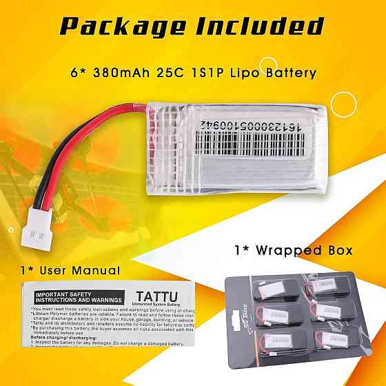 Акумулятор LiPo набір 6 шт 1S 3.7V 380mAh 25C, роз'єм Molex, для дронів Graupner Alpha 110, квадроко Київ