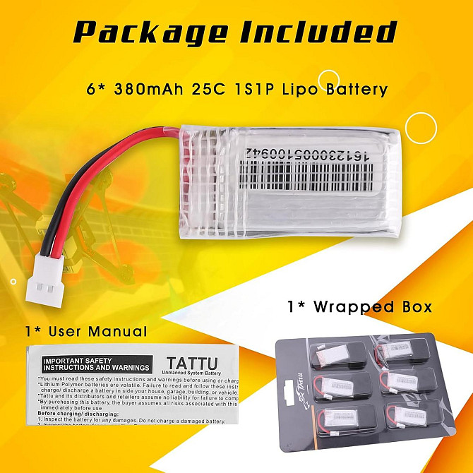 Акумулятор LiPo набір 6 шт 1S 3.7V 380mAh 25C, роз'єм Molex, для дронів Graupner Alpha 110, квадроко Київ - фото 2