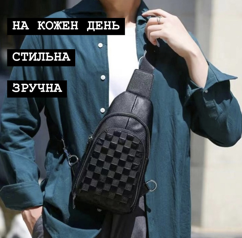 Чоловічий рюкзак на одне плече 18х31х6, шкіряний слінг, чорний Кам'янське - фото 4