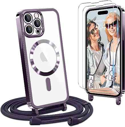 Чехол для iPhone 15 Pro Max с ремешком прозрачный силиконовый магнитный с 2 защитными стеклами фиолетовый Киев