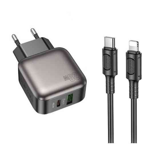 Мережевий зарядний пристрій з кабелем BOROFONE BAS54A Absolute PD20W+QC3.0 charger set (C to iP) (EU) Black Одеса