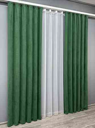 Комплект штор VR-Textil Микровелюр Petek 150х270 2шт и Тюль 400х270 1709ш-1153т Зеленый с белым 71-032/3 Киев
