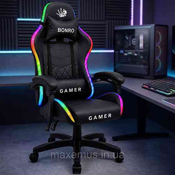 Компьютерное геймерское кресло Bonro Gamer B-149 Черное с LED-подсветкой (Игровое кресло) Мостиська