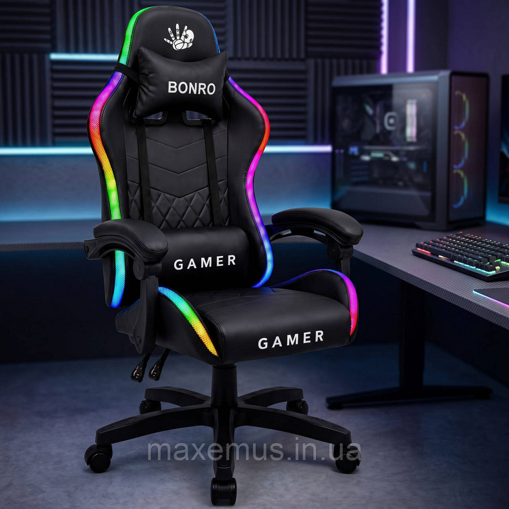 Компьютерное геймерское кресло Bonro Gamer B-149 Черное с LED-подсветкой (Игровое кресло) Мостиська - фото 5