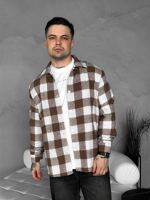 Мужская рубашка клетчатая оверсайз хлопок 100 в клетку на весну/осень oversize клетка коричнево-белая Одесса - изображение 6