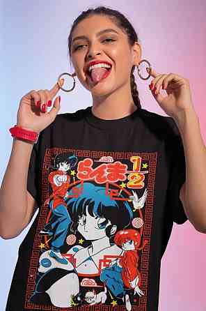 Футболка для хлопчика з аніме принтом Схампоо Руміко Такахасхі Ранма оверсайз (зріст від 165 до 180) Чорний AnimeJ0878m Дніпро