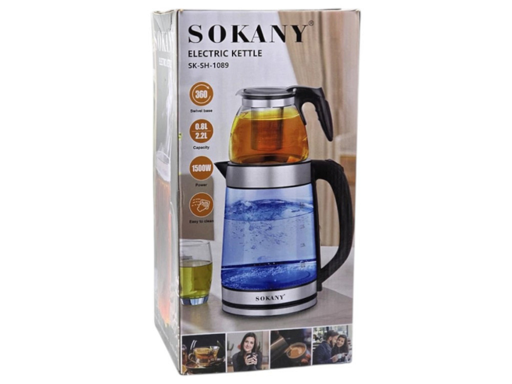 Електричний чайник Sokany SK-SH-1089 2.2 л із заварником 0.8 л, індикатор, автовідключення, 360° база Одеса - фото 3