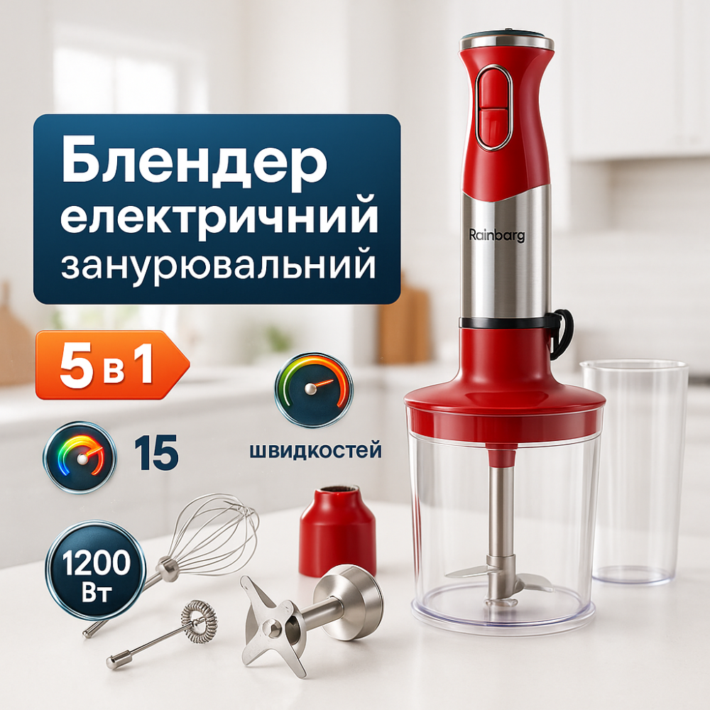 Блендер 5в1 Rainberg RB-2307 многофункциональный погружной и стационарный Red HE-42 Львов - изображение 12