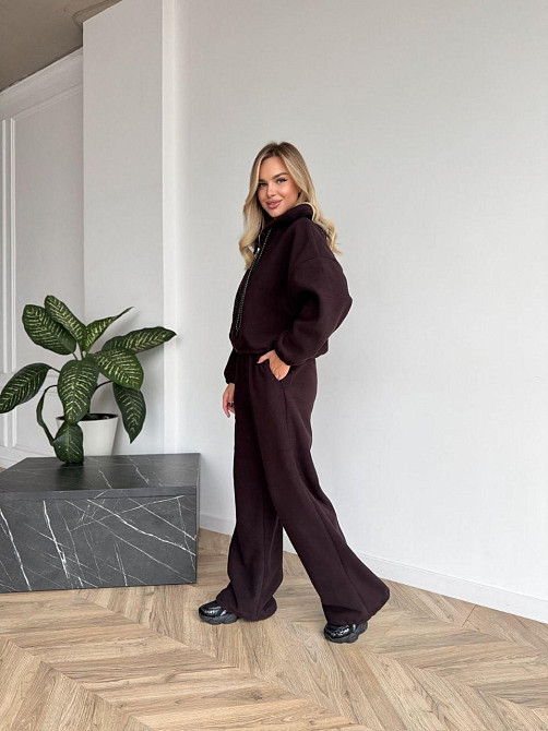 Женский стильный женский флисовый костюм-оверсайз с капюшоном. шоколад, 46/48 Одесса - изображение 3
