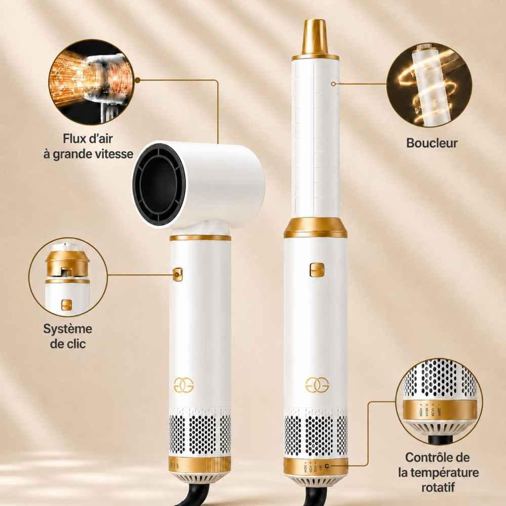 Фен-стайлер Golden Goods Airstyler 5-в-1, 1000 Вт, 110 000 об/мин, ионизация, 5 насадок, бело-золотой Киев - изображение 8