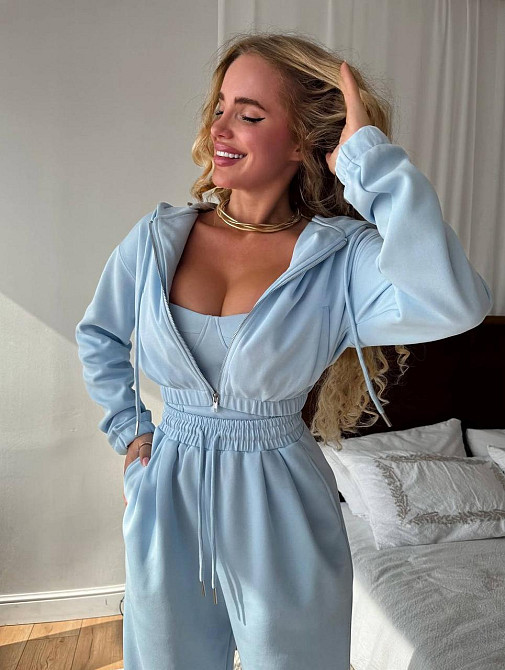 Жіночий стильний прогулянковий костюм-трійка: кофта корсет і штани двонитка Блакитний, 46/48 Одеса - фото 7