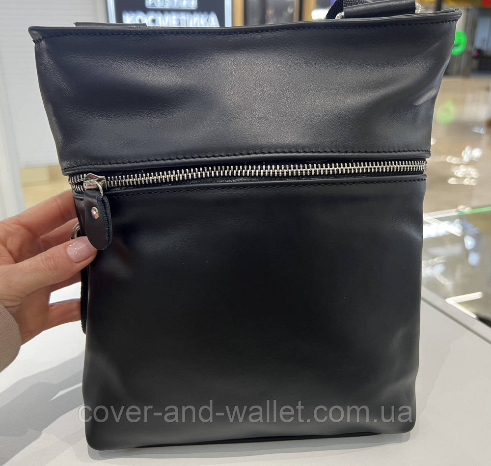Стильна тонка чоловіча сумка з італійської шкіри чорного кольору PS Leather Київ - фото 11