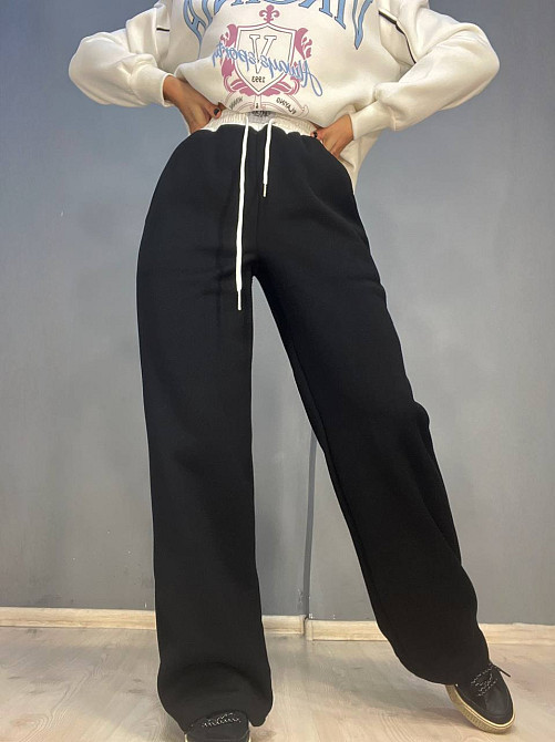 Штаны женские A-N 2771 свободный крой ровные от бедра белая резинка на талии утепленные на флисе черные, черный, L Киев - изображение 6