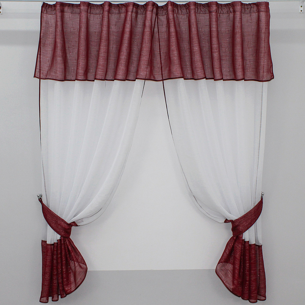 Кухонный комплект, шторки с ламбрекеном и подхватами цвет бордовый с белым 073к 59-292 Киев - изображение 1