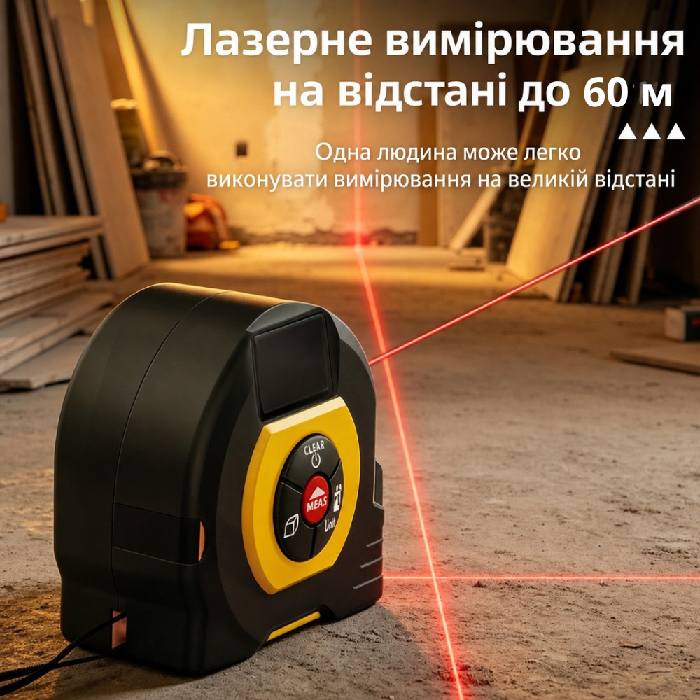 Рулетка 2в1 лазерная 60м, измерительная 5м, с метрической и дюймовой системой с дисплеем,аккумуляторная mod.D13340 Каменец-Подольский - изображение 11