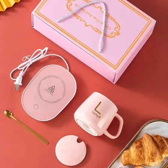 Чашка керамічна на підставці з підігрівом у подарунковій упаковці, в комплекті ложка та кабель, Рожева Одеса