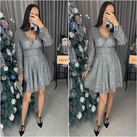 Жіноче святкова блискуча сукня міні з паєтками Сталевий, 42/46 Одеса