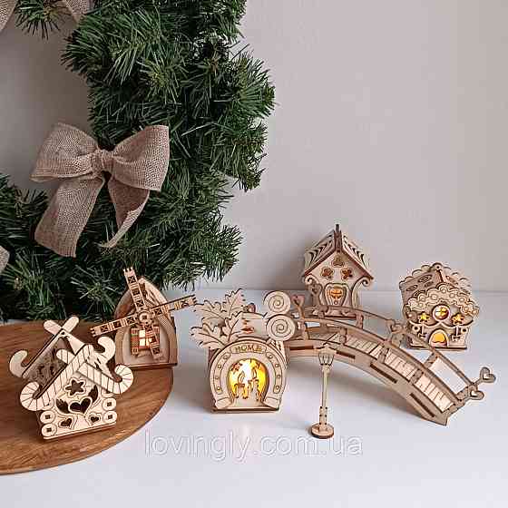 Новорічне дерев’яне містечко з LED підсвіткою — набір будиночків для дому, подарунок і святковий декор Ірпінь