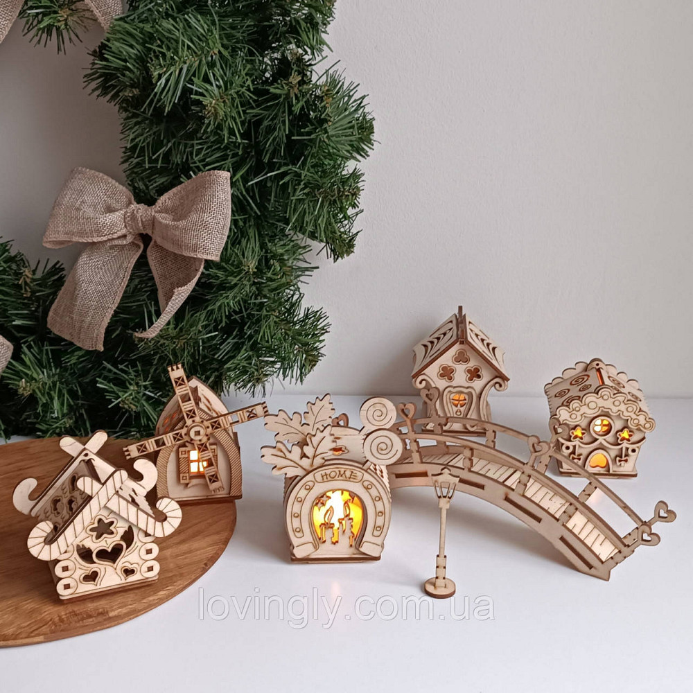 Новогодний деревянный городок с LED подсветкой – набор домиков для дома, подарок и праздничный декор. Ирпень - изображение 6