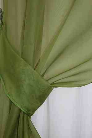 Кухонний комплект VR-Textil № 051к тюль і шторки з підв'язками оливковий з білим 270х170 см (50-243) Київ