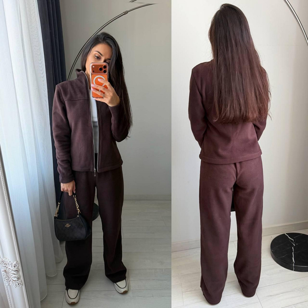 Жіночий повсякденний теплий костюм-двійка: кофта на блискавці та штани турецький двосторонній фліс Шоколад, 50/52 Одеса - фото 3
