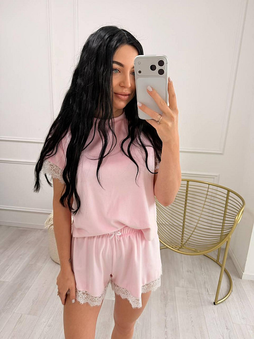 Жіноча піжама двійка з велюру з мереживом Одеса - фото 4