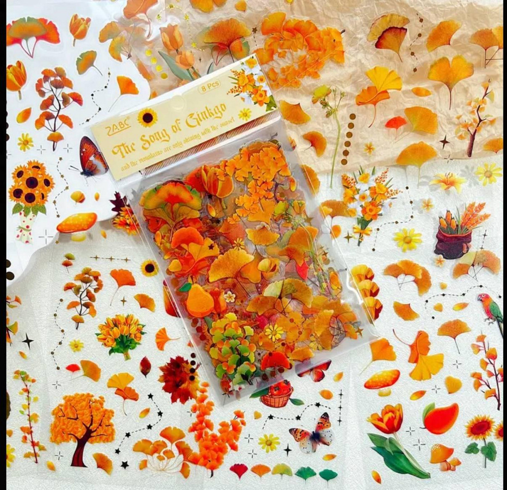 Набір вінтажних стікерів «Пісня гінкго» – 8 аркушів жовте листя 11×19 см Київ - фото 2