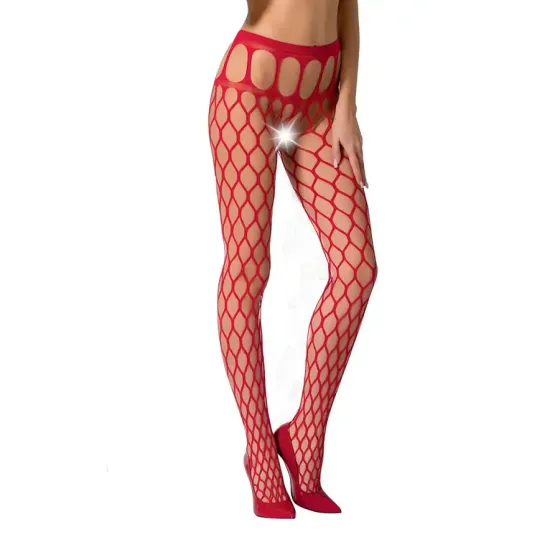 Еротичні колготки-бодістокінг Passion S021 red, в крупну сітку з високим паском Львів