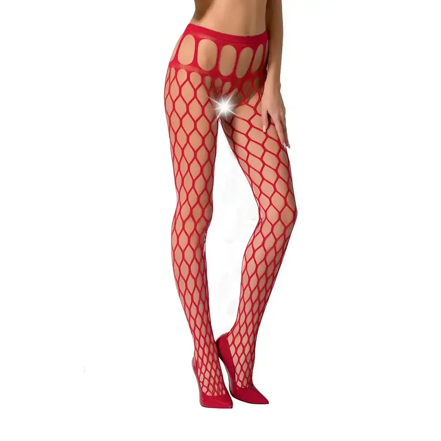 Еротичні колготки-бодістокінг Passion S021 red, в крупну сітку з високим паском Львов - изображение 1
