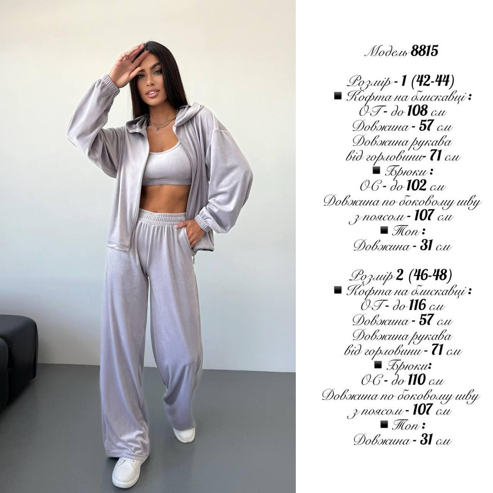 Жіночий стильний прогулянковий костюм-трійка: кофта топ і штани з м'якого велюру Чорний, 46/48 Одеса - фото 2