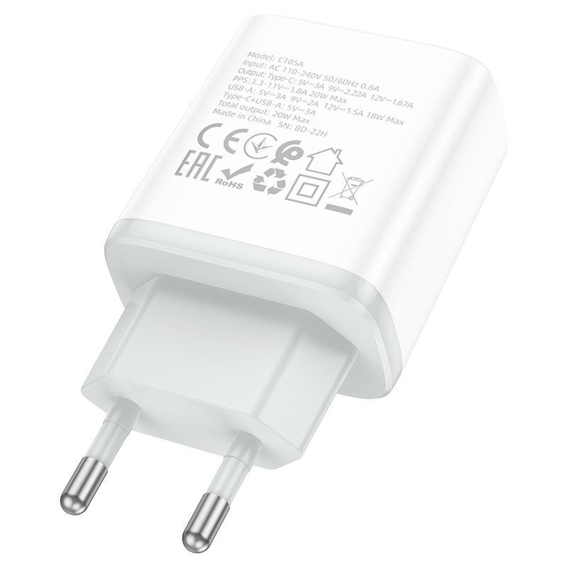 Мережевий зарядний пристрій HOCO C105A Stage dual port PD20W+QC3.0 charger White Одеса - фото 6