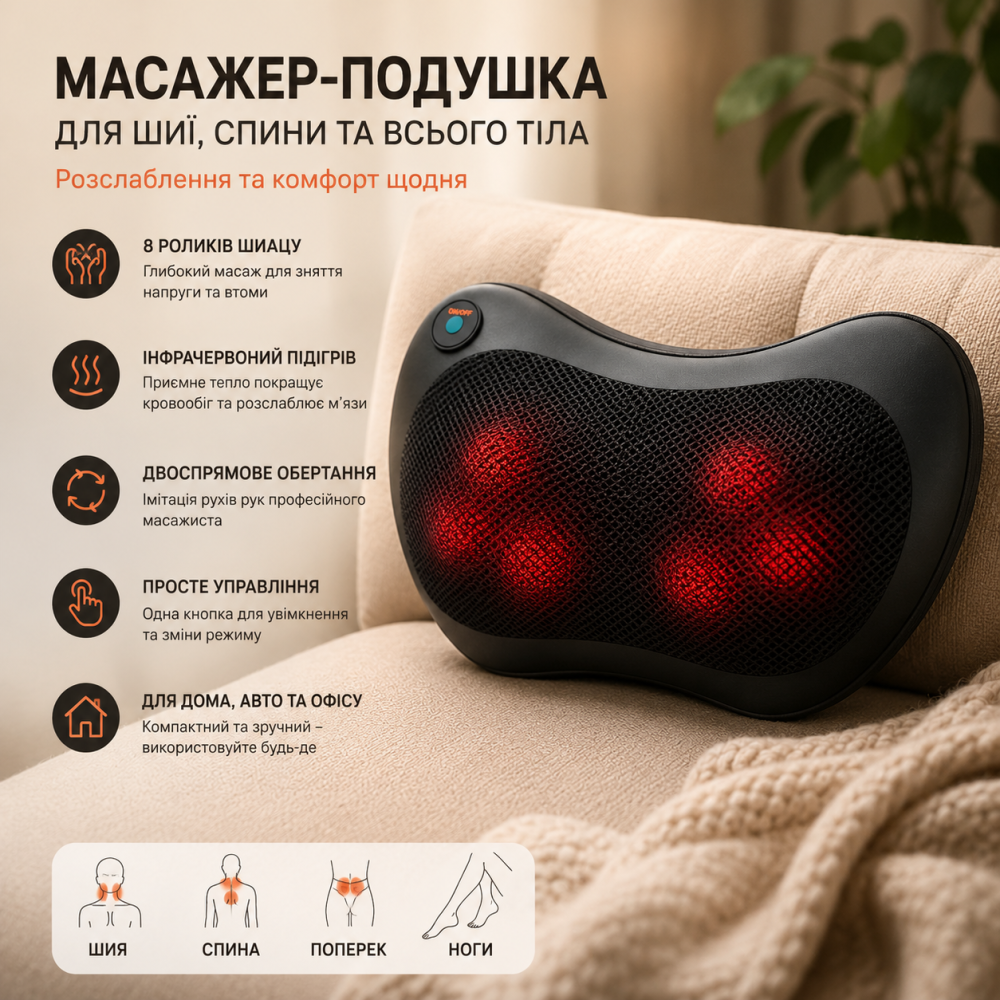 Масажер-подушка для шиї та спини з інфрачервоним підігрівом, 8 масажних роликів шиацу, електричний масажер для всього тіла Київ - фото 8