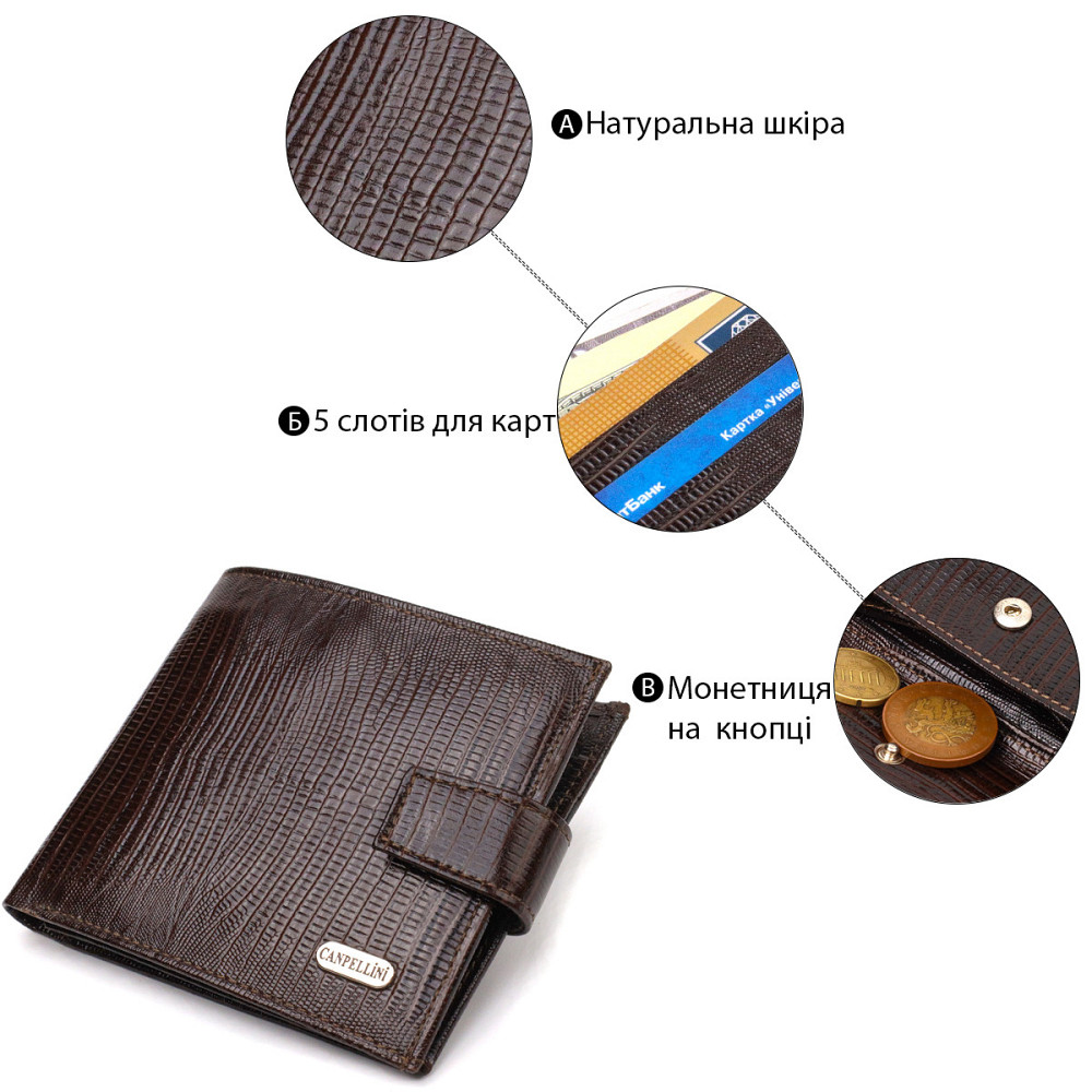 Мужской современный кошелек горизонтального формата из натуральной кожи с тиснением CANPELLINI 21757 Коричневый Киев - изображение 8